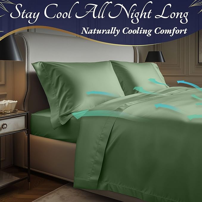 DECOLURE 100% Viscose Derived from Bamboo Sheets Cal King Size 4pcs - Ultra Soft & Luxuriously Cooling, 17" Deep Pocket,Double Stitching,Perfect for Hot Sleepers - King Bed Sheets (Sage Green)