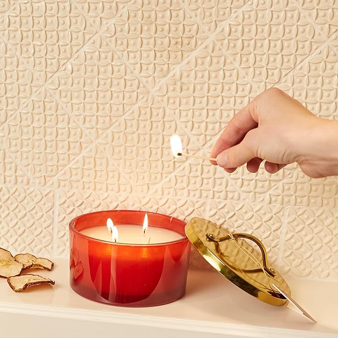 Thymes Simmered Cider Harvest Red 4-Wick Candle – Warm & Spicy Scented Candle with Notes of Freshly Pressed Apple, Clove, & Cardamom – Luxury Home Fragrance – Fall Decor – Red with Gold Lid (21 oz)