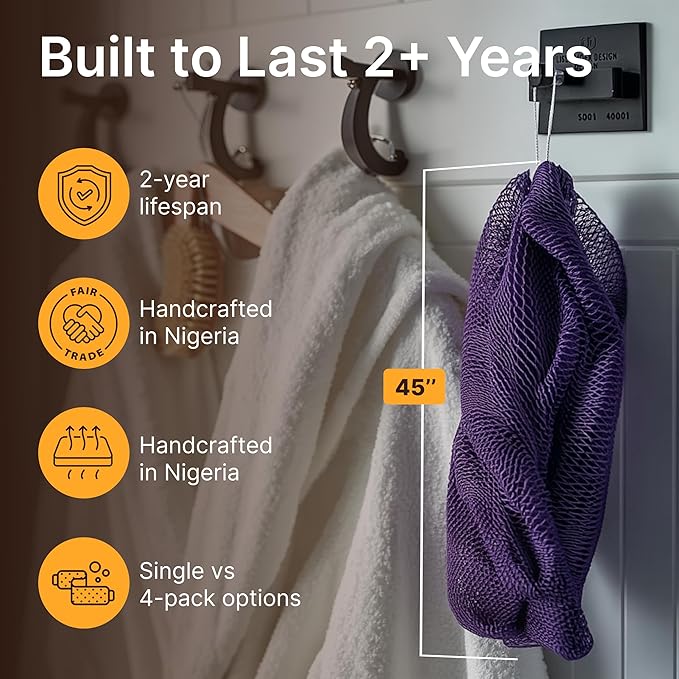 Nubiana African Net Sponge Authentic - 45 Inch Exfoliating Body Sponge from Nigeria - Natural Bath Sponge for Smooth Soft Skin - Long Lasting Quick-Drying - Single Pack (Purple)