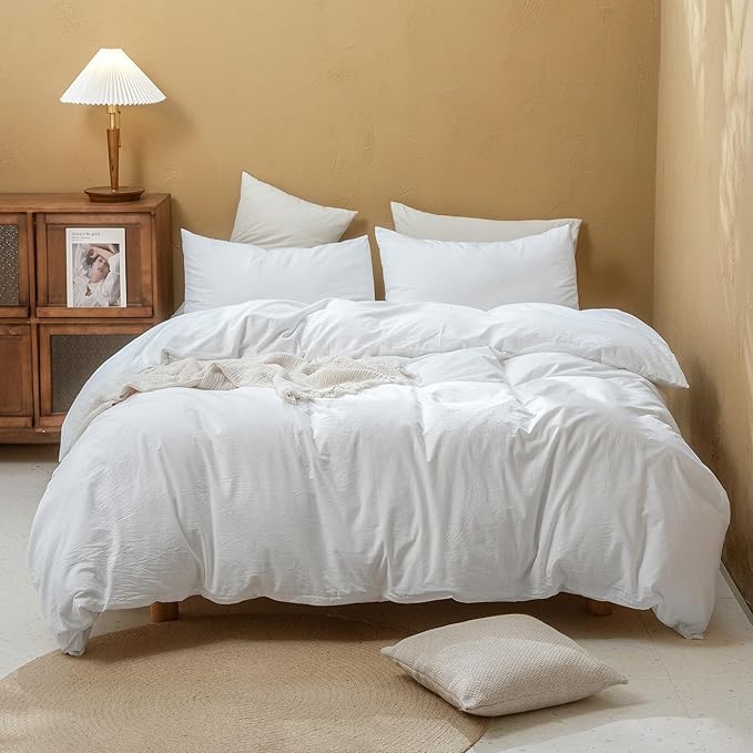FOSSA Duvet Cover Set 100% Washed Cotton Linen Feel Super Soft Breathable Cozy 3 Pieces Bedding Sets Solid Bright White King