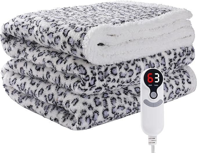 Electric Heated Blanket Full Size 72×84, 10H Auto Off & 6 Heating Settings Fluffy Ultra Soft Warmth Lightweight Cozy Plush Sherpa Machine Washable, Fast Heating, Home Office Leopard Print Blue & White