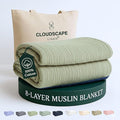 Cloud Scape Linen 8-Layer Muslin Blanket Queen Size - 100% Cotton, Soft and Breathable, Oversized Winter Blanket, Fits up to Full Size Bed, 92x92, Sage Green