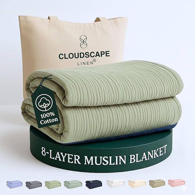 Cloud Scape Linen 100% Cotton 8 Layer Twin Size Muslin Blanket - Breatheable and Soft Winter Blanket for Bed, Couch and Sofa, Oversized Fits up to Twin XL, Best Gift Idea, 68x92, Sage Green