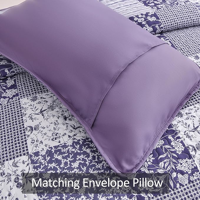 Mybedsoul Purple Quilt Set California King Size, 3 Pieces Boho Plaid Floral Bedspread Set Microfiber Lightweight Bohemian Bedding Bedspread Coverlet Set for All Season 106"x 96"