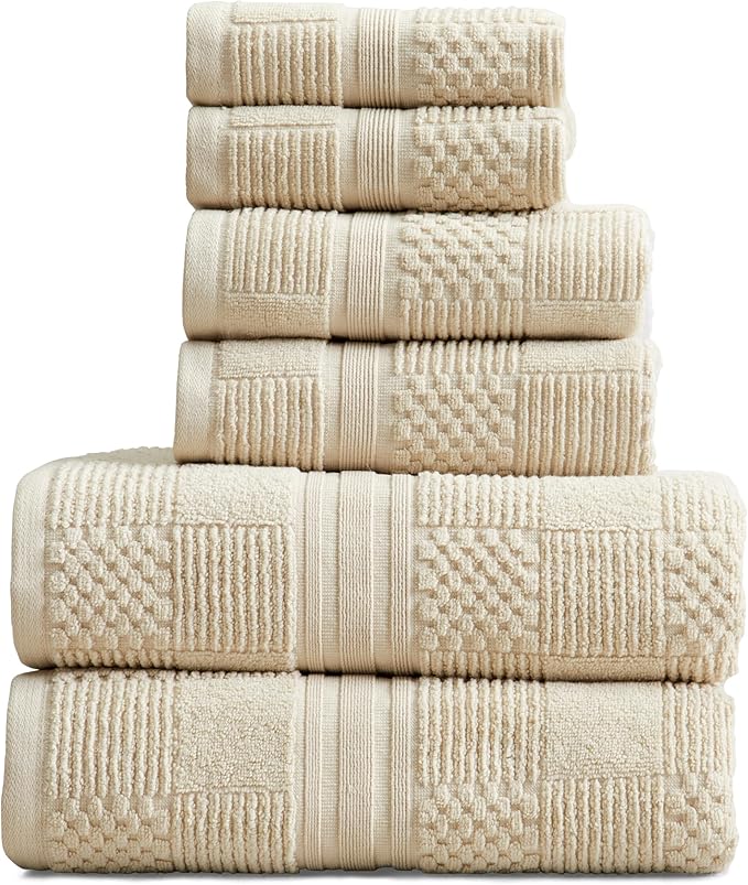 Springtree Home 100% Cotton Bathroom Towel Set | 6 Piece Set - Beige Towels | Geometric Textured Design | Absorbent & Quick-Dry | Oeko-TEX® Standard 100 Cotton | Myla Collection - Sandshell
