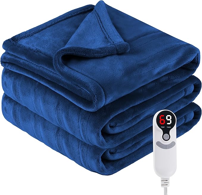 Electric Heated Blanket Twin Size 62”x84”,Cozy Soft Warmth with 6 Heating Settings 1-10 Hours Auto-Off, Energy-Saving, for Bed, Fast Heating Machine Washable, Navy Blue