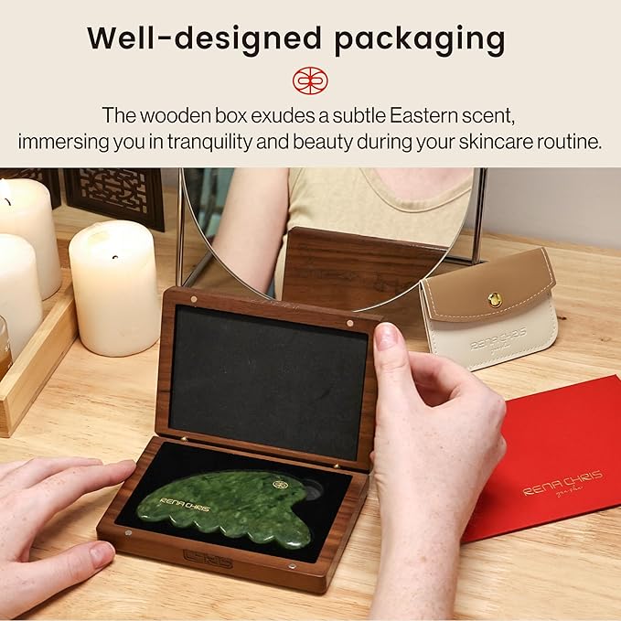 Rena Chris Gua Sha Facial Tool, Natural Xiuyan Jade Stone Body Gua Sha with Exquisite Wooden Box, Large Guasha Suitable for Face Lifting, Puffiness Reducing and Whole Body Massage, Skin Care Massager