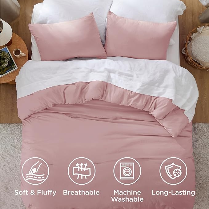 Bedsure Queen Size Comforter Set, Pink Soft Prewashed Bedding for All Seasons, 3 Pieces GentleSoft™ Warm Down Alternative Bed Set, 1 Lightweight Comforter (90"x90") and 2 Pillowcases (20"x26")