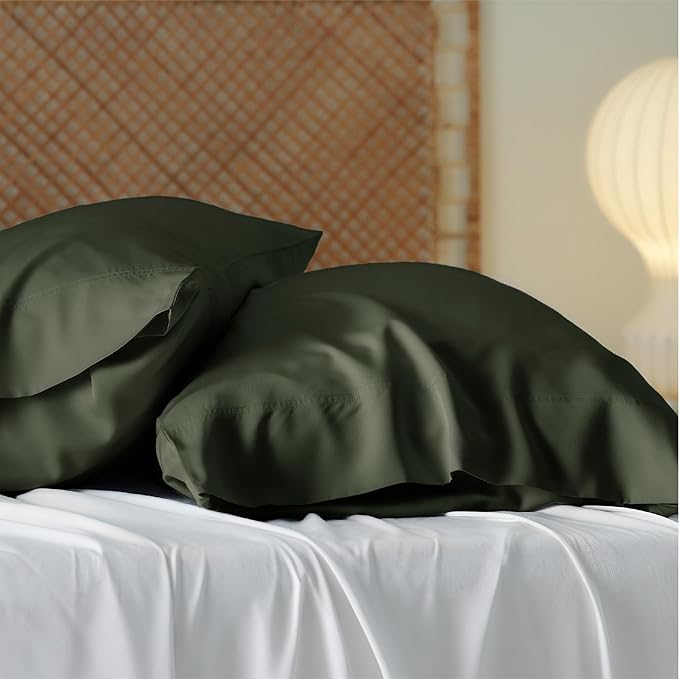 Bedsure Pillow Cases Queen, Cooling Pillow Cases, Rayon Derived from Bamboo Olive Green Pillowcases Queen Size Set of 2, Soft & Breathable Bedding Pillow Covers with Envelope Closure, 20x30 Inches