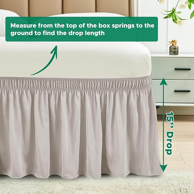 Biscaynebay Wrap Around Bed Skirts for King & Cal King Beds 15" Drop, Camel Grey Adjustable Elastic Dust Ruffles Easy Fit Wrinkle & Fade Resistant Silky Luxurious Fabric Machine Washable