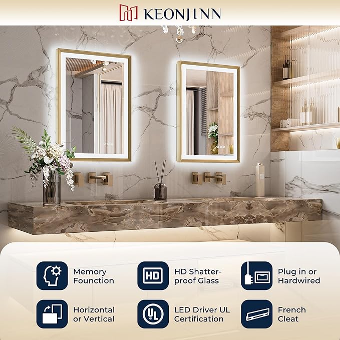 Keonjinn 55” x 36” LED Bathroom Mirror with Frontlit & Backlit, Gold Metal Framed Lighted Mirror with Stepless Dimmable 3-Color Temperatures, Anti Fog, UL-Listed Driver, No Dark Corner