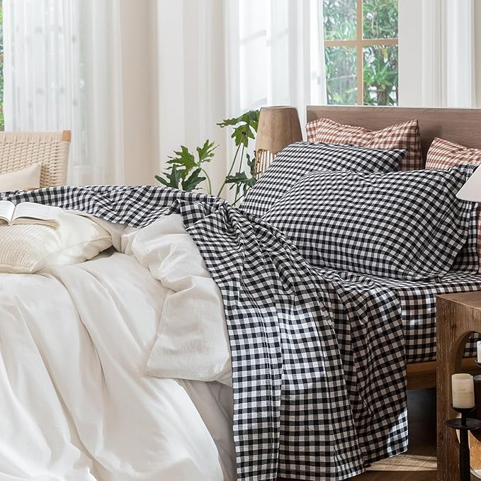MooMee Gingham Sheet Set 100% Washed Cotton Linen Like Textured Breathable Soft w/Fully Elasticized 16-19" Deep Pocket (Classic Gingham Black White, Queen)