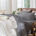 MooMee Gingham Sheet Set 100% Washed Cotton Linen Like Textured Breathable Soft w/ Fully Elasticized 16-19" Deep Pocket (Classic Gingham Black White, King)