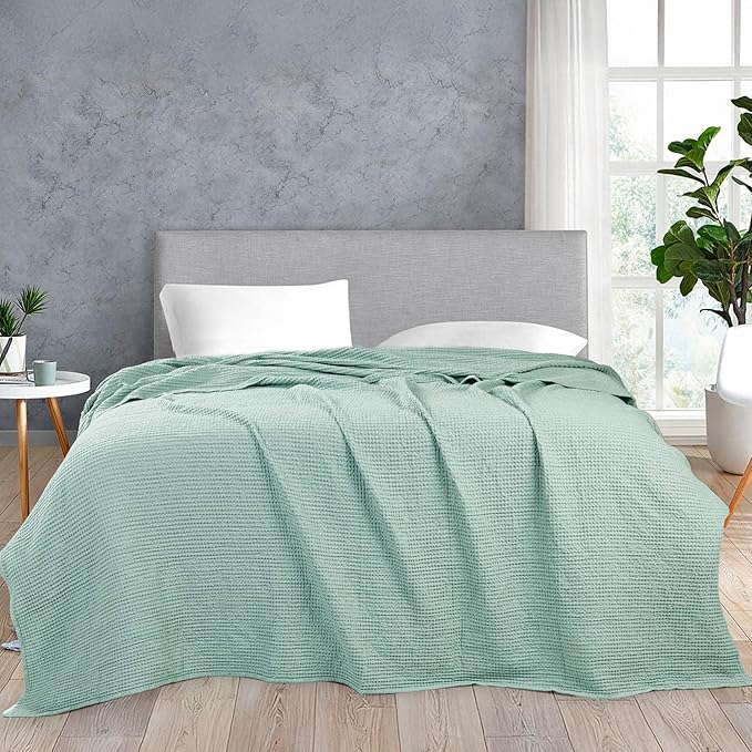 HILLFAIR 100% Combed Cotton Blanket– Twin Size Bed Warm Soft All Season Breathable Lightweight Summer Blankets– Waffle Weave Home Decor Bed Blanket- Sage Twin Cotton Blankets/Bedcovers