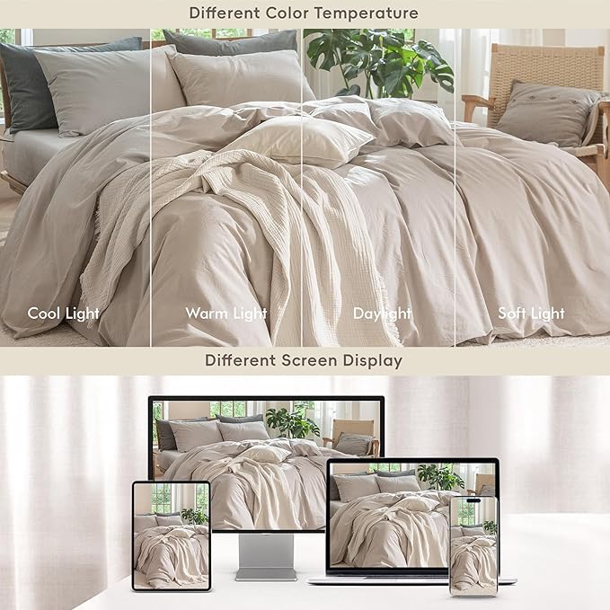 MooMee Bedding Duvet Cover Set 100% Washed Cotton Linen Like Textured Breathable Durable Soft Comfy (Solid Light Tan, Twin 68"x90")