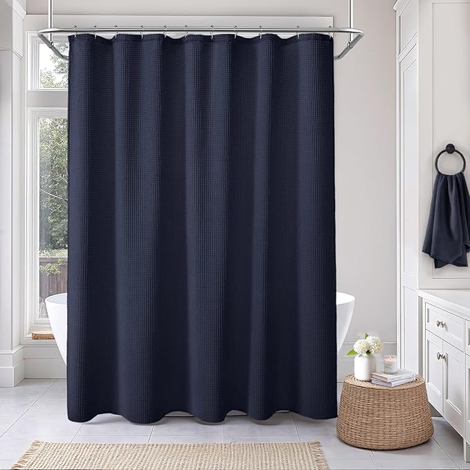Long Waffle Shower Curtain - Navy Blue Cotton Texture Fabric Heavyweight Shower Curtain for Bathroom,72Wx78L