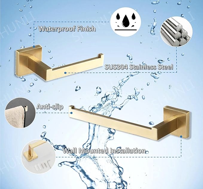 SHUNLI Gold Toilet Paper Holder + Hand Towel Holder, Brushed Gold Bathroom Accessories Hardware Set 2 Pieces, Wall Mounted Towel Ring Towel Bar, SUS304 Stainless Steel