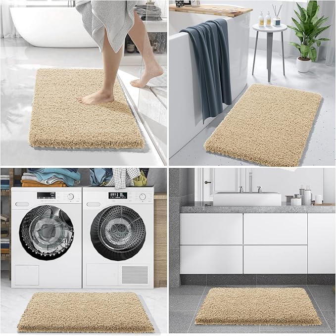 Yimobra Bathroom Rugs Non Slip Washable, Ultra Soft and Water Absorbent Bath Mats, Plush Fluffy Shower Mat Outside, Dries Quickly, Microfiber Thick Matts for Bathroom Floor/Sink, 24x17, Pure Beige