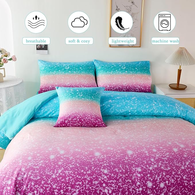 URBONUR 6Pcs Glitter Comforter Set for Girls Queen Size Gradient Tie Dye Purple Blue Bedding Set Comforter with Sheet Set, Ultra Soft and Breathable Kids Bed Set for Teen Girl
