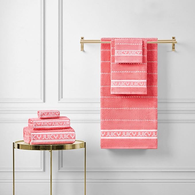 Juicy Couture Luxurious Plush Stripe 6-Piece Set - Pink Coral 100% Cotton Bath Towel Set - Soft and Stylish for Ultimate Comfort and Elegance