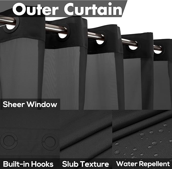 Long No Hook Slub Textured Shower Curtain with Snap-in PEVA Liner Set - 71" x 80"(78"), Hotel Style with See Through Top Window, Black Fabric Curtain & Waterproof Liner, Black, 71x80