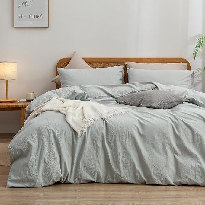 BESTOUCH Duvet Cover Set 100% Washed Cotton Linen Feel Super Soft Comfortable Chic Lightweight 3 PCs Home Bedding Set Solid Northern Droplet Grey Full/Double