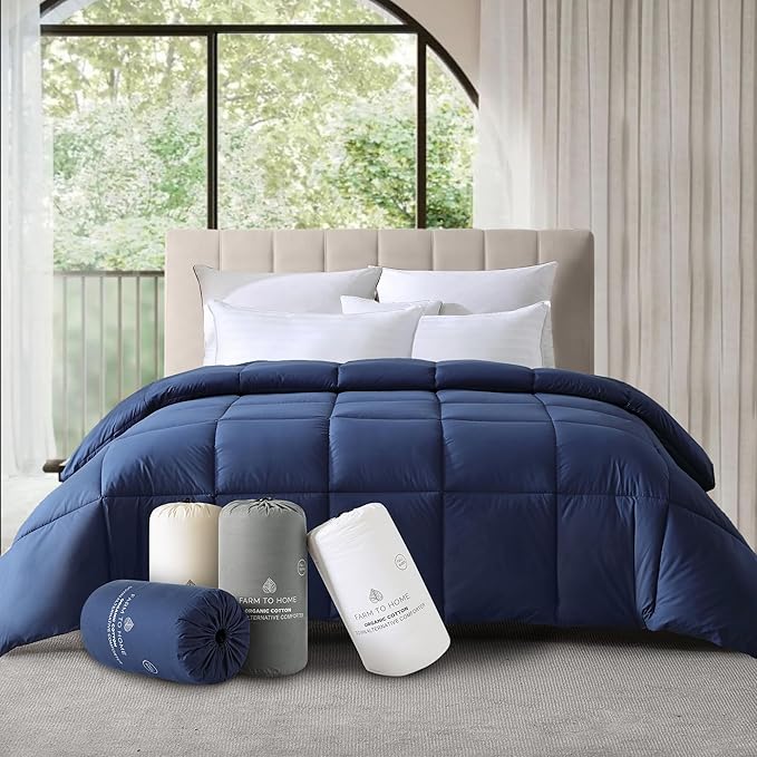 Farm To Home Luxury Comforter Organic Cotton All Season Fluffy Lightweight Down Alternative Machine Washable Comforter for Bedroom, King, Navy