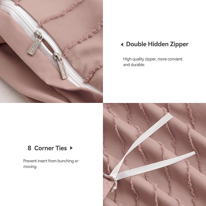 JELLYMONI Duvet Cover Queen Size Smokey Pink - 3PCS Boho Striped Duvet Cover Set Polyester Tufted Bohemian Textured Comforter Cover 90×90in with Corner Ties & Zipper and 2 Pillowcases