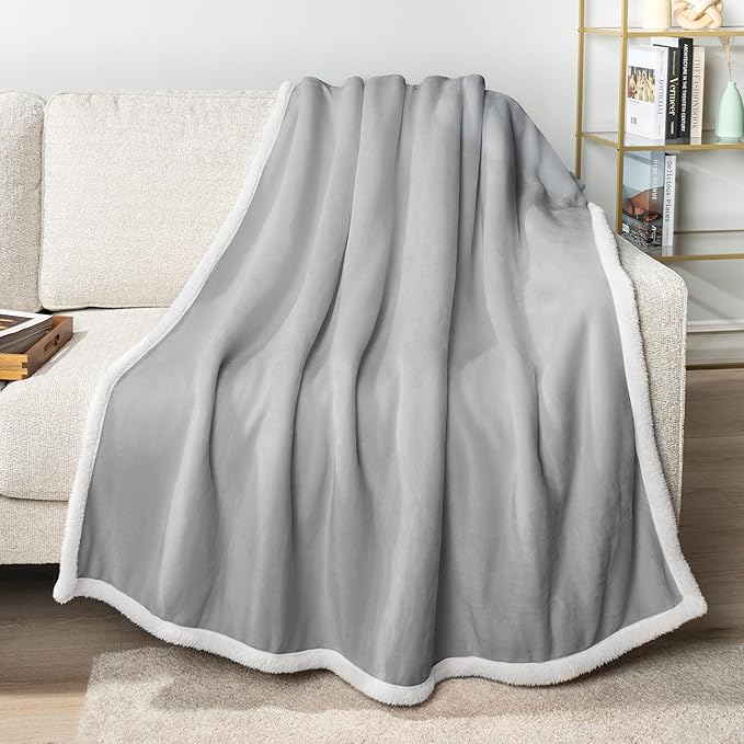 PAVILIA Sherpa Fleece Throw Blanket for Couch, Light Grey, Plush Soft Fuzzy Sofa Blanket, Cozy Reversible Winter Throw for Women Men, 50x60 Inches