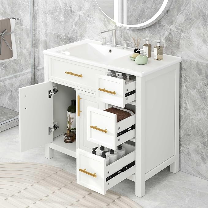 Favfurish 36" Bathroom Vanity with Sink Combo,Bathroom Vanity Cabinet with Two Soft-Closing Doors and Four Drawers,Free Stading Vanities w/Gold Handler,for Bathroom,Easy Assembly,White