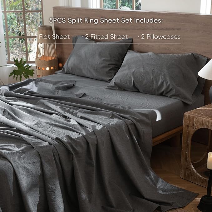 MooMee Bedding Sheet Set 100% Washed Cotton Linen Like Textured Breathable Durable Soft Comfy (Heathered Dark Grey, Split King)