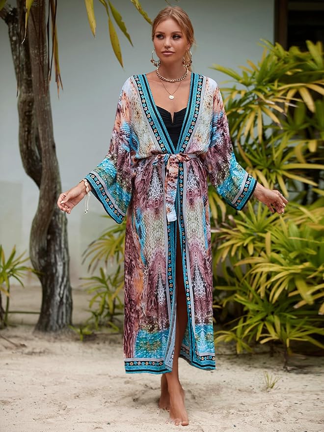 Women Casual Open Front Lightweight Cardigan Long Beach Kimono Cover Up