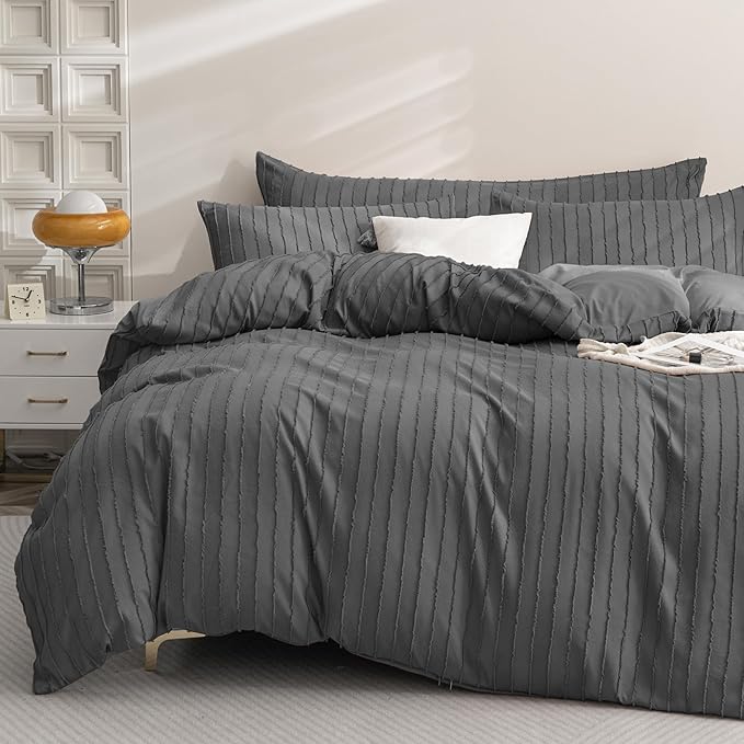 JELLYMONI Duvet Cover Full Size Dark Grey - 3PCS Boho Striped Duvet Cover Set Polyester Tufted Bohemian Textured Comforter Cover 80×90in with Corner Ties & Zipper and 2 Pillowcases