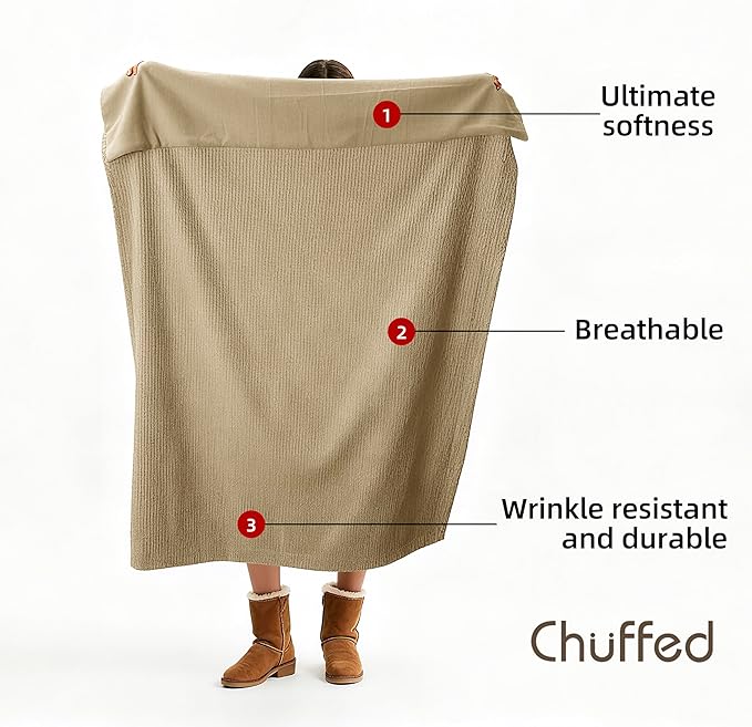 CHUFFED Cotton Waffle Blanket King Size - Plush Milk Velvet & Reversible Waffle Weave,Anti-Static 300Gsm Design，Thick Cozy Soft Winter Blanket for Bed, Couch, Sofa - Khaki, 104x90 Inches