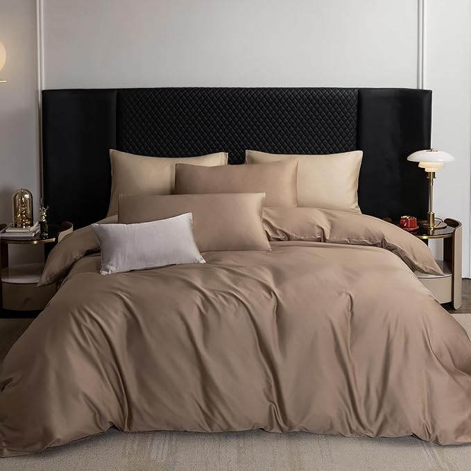 MooMee Duvet Cover Set 100% Extra Long Staple Cotton 600 Thread Count Silky Sateen Smooth Luxury Soft Breathable Durable Hotel Quality Bedding, 3 Pieces (Brown, Full 80"x90")
