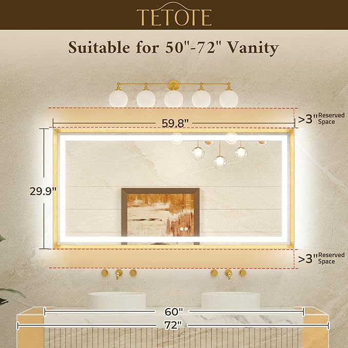 TETOTE 60 x 30 Large Bathroom Mirror Brushed Gold Metal Frame Frontlit & Backlit Vanity Mirror 3 Colors White/Warm/Natural Stepless Dimmable Anti-Fog Bathroom Mirrors for Vanity Wall-Mounted