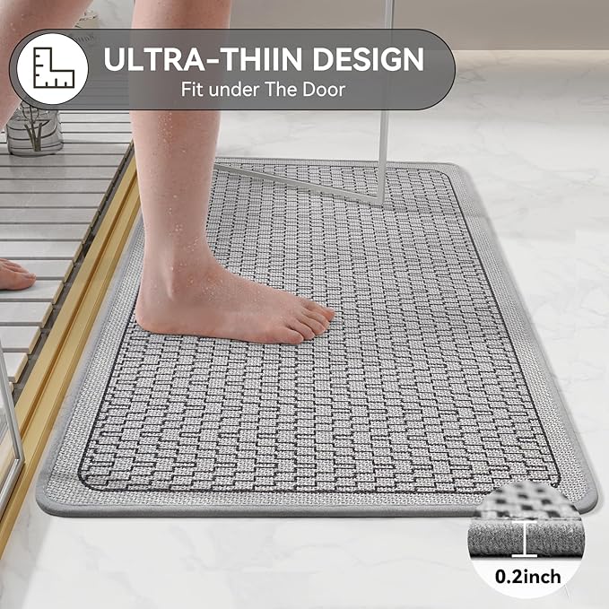 Bathroom Rugs, Ultra Thin Bath Mat Fit Under Door Super Absorbent Non Slip Quick Dry Bath Mat, Rubber Backing Shower Mat Outside Shower
