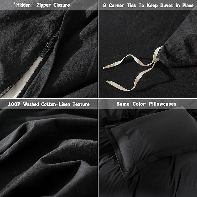 Black Duvet Cover Oversize Queen Size 100% Washed Cotton Bedding Set Cover 1 Duvet Cover with Zipper Closure and 2 Pillowcases, 98inch x 98inch
