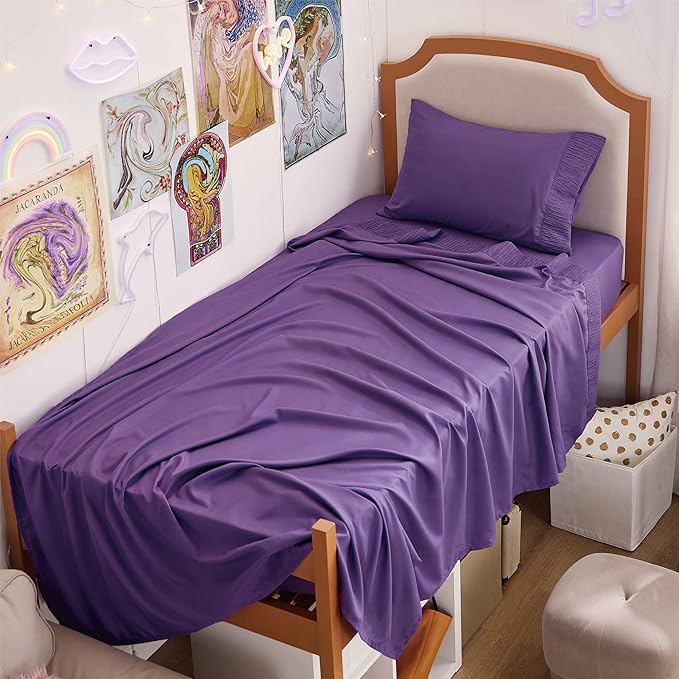 Bedsure Twin XL Sheet Sets Dorm Bedding - 3 Pieces Soft Extra Long Twin Sheets, Hotel Luxury, Easy Care Microfiber for Women, Men, Purple