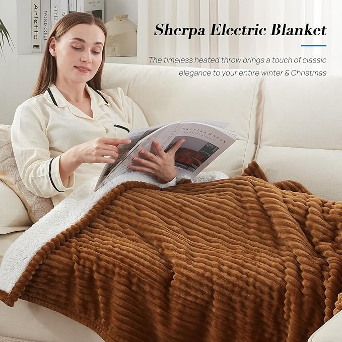 Westinghouse Heated Throw Blanket, Soft Flannel Sherpa Electric Throw with 6 Heating Levels & 2-10 Hours Auto Shut Off, Fast Heating & ETL Certification, Machine Washable, 50x60 Inch, Brown