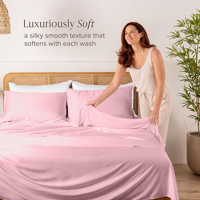 Bare Home 100% Rayon Made from Bamboo King Sheet Set - 4 Piece Bedding Set - Deep Pockets - Breathable - Easy Fit - Bedding Sheets & Pillowcases (King, Light Pink)