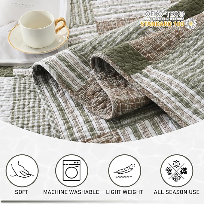 KALOOLA Moonbeam Green Plaid Queen Size Quilt Set - 100% Cotton Lightweight Breathable Quilted Bedspread, All-Season Queen Quilt Bedding Set 3 Pieces, Farmhouse Printed Coverlet for Cozy Comfort