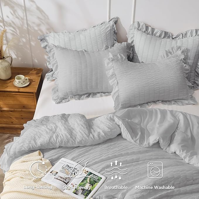JOLLYVOGUE Light Grey King Comforter Set, 3 Pieces Seersucker Comforters King Size, Lightweight & Fluffy Bedding Sets King for All Season with 1 Ruffle Comforter and 2 Ruffle Pillowshams
