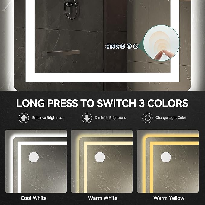 YITAHOME 48 x 32 Inches LED Bathroom Mirror, Front Light and Backlit, Motion Sensor, 10X Magnifying Glass, 3 Colors Dimmable, 5mm Tempered Glass, Anti-Fog, Wall Mounted Mirror-Horizontally Only