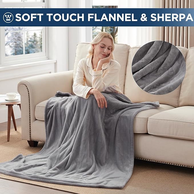 Westinghouse Electric Blanket Heated Throw, Super Cozy Soft Flannel 50"" x 60"" Heated Throw with 6 Fast Heating Levels & 2-10 Auto-Off, Machine Washable, ETL&FCC Certification, Light Grey