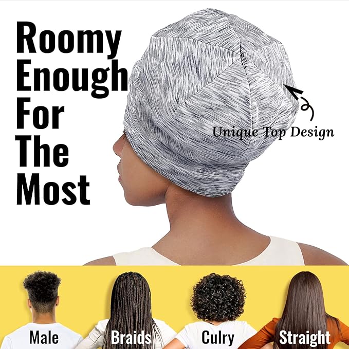 Satin Lined Sleep Cap Bonnet for Curly Hair and Braids, Stay On All Night Hair Wrap with Adjustable Strap for Women and Men, Light Grey and White, Pack of 1