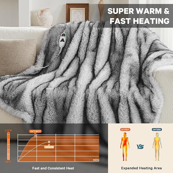 Heated Electric Blanket Throw,Octrot 50"X60" Faux Fur Heating Blanket Luxury Christmas Gifts Heavy Plush with 10 Heats Levels & 8 Hours Auto Off,Super Cozy Warm Fuzzy,Fluffy Decor Winter Warming,Grey