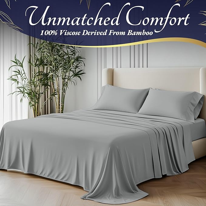 DECOLURE 100% Viscose Derived from Bamboo Sheets King Size 4pcs - Ultra Soft & Luxuriously Cooling, 17" Deep Pocket, Double Stitching, Perfect for Hot Sleepers - King Bed Sheets (Light Grey)