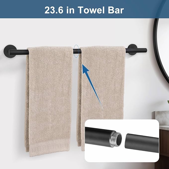 5 Pieces Matte Black Round Towel Bar Set Bathroom Hardware Accessories Set Upgraded Toilet Paper Holder Towel Racks Set for Bathroom Stainless Steel Wall Mounted 23.6 in