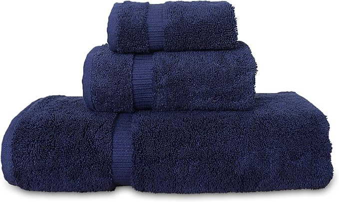 Luxury Hotel & Spa Quality Collection, Quick Dry 100% Turkish Cotton, 750+ GSM, Eco Friendly Towel Set, Bathroom and Kitchen Dobby Border Towels, Bath Towel, Hand Towel, Washcloths (3 Piece, Navy)